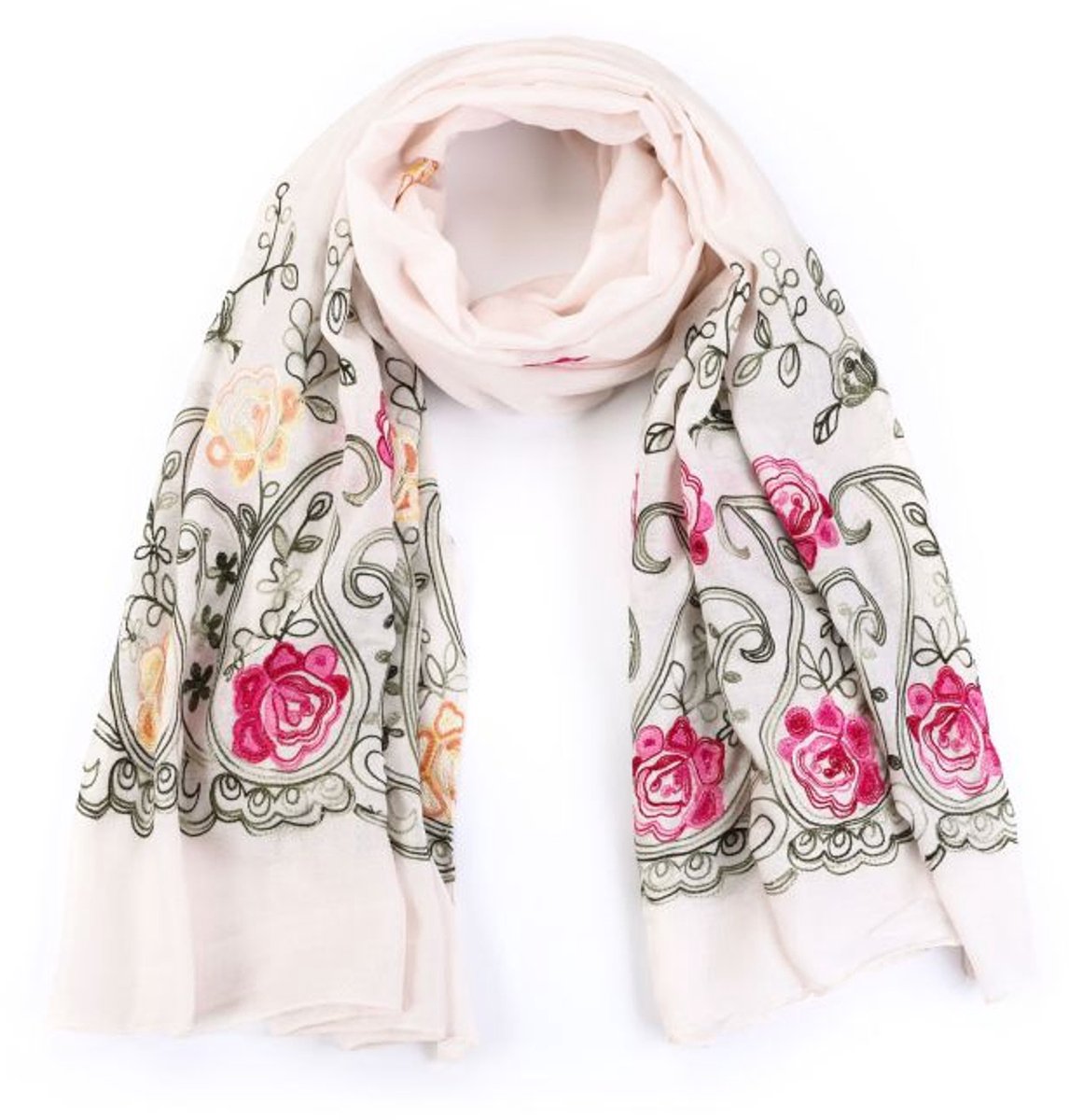 Michelle Fashion - Geborduurde sjaal - Crème - Bloemenmotief