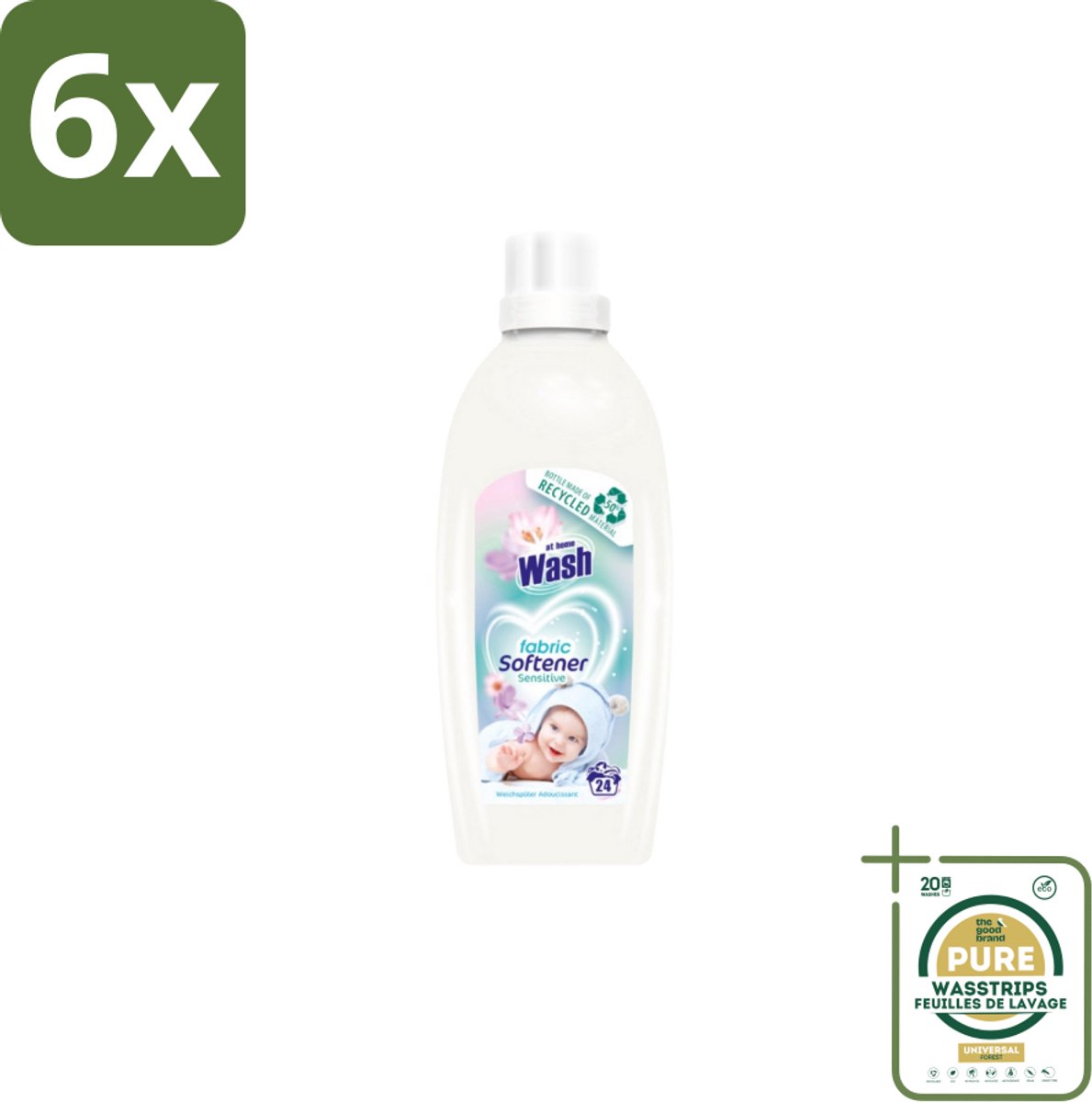 At Home Wash – Wasverzachter Sensitive – Voor Babykleding – 750 ml - Voordeelverpakking - 6 stuks - Hypoallergene wasverzachter - Wasverzachter voor peuters