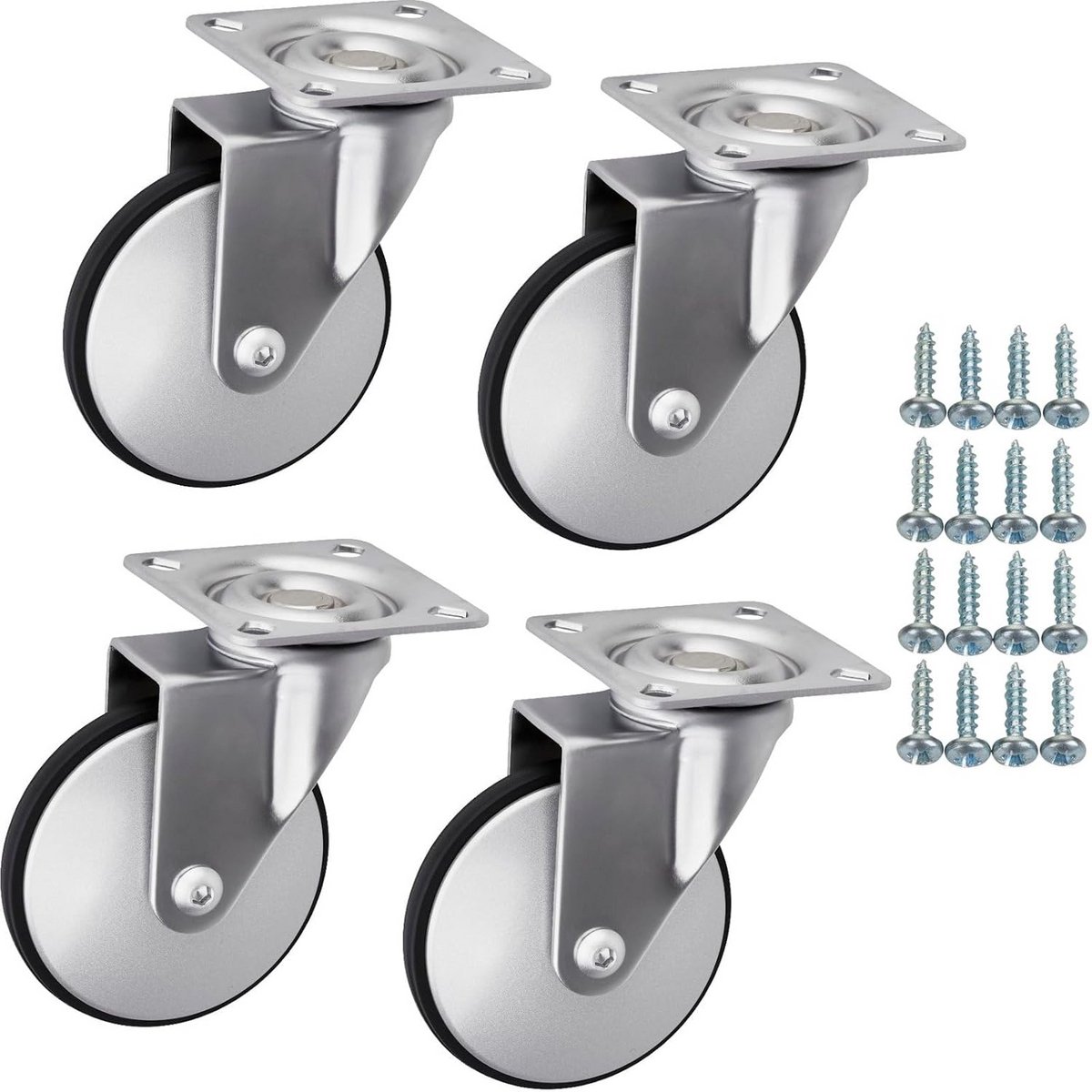 Set van 4 Zwenkwielen voor Meubels met Rem - Ø 75 mm - Zwaar Belastbaar tot 120 kg - Stil en Vloerbeschermend