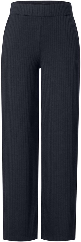 Donkerblauwe pantalon met verticale ribbels en wijde pijpen, zonder model.