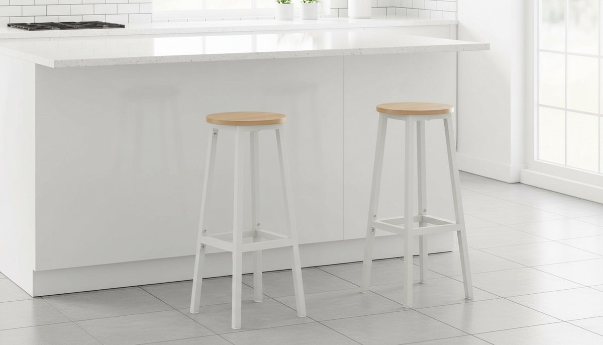 Barkrukken Set van 2 – House&Garden Scandinavisch Eiken Wit – 74 cm Zithoogte – Hoge Barstoelen Metaal & Hout – Met Voetensteun – Voor Keukeneiland & Hoge Bartafel