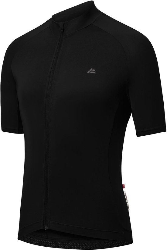 Maillot de cyclisme noir à manches courtes, debout sur fond blanc, avec fermeture éclair.