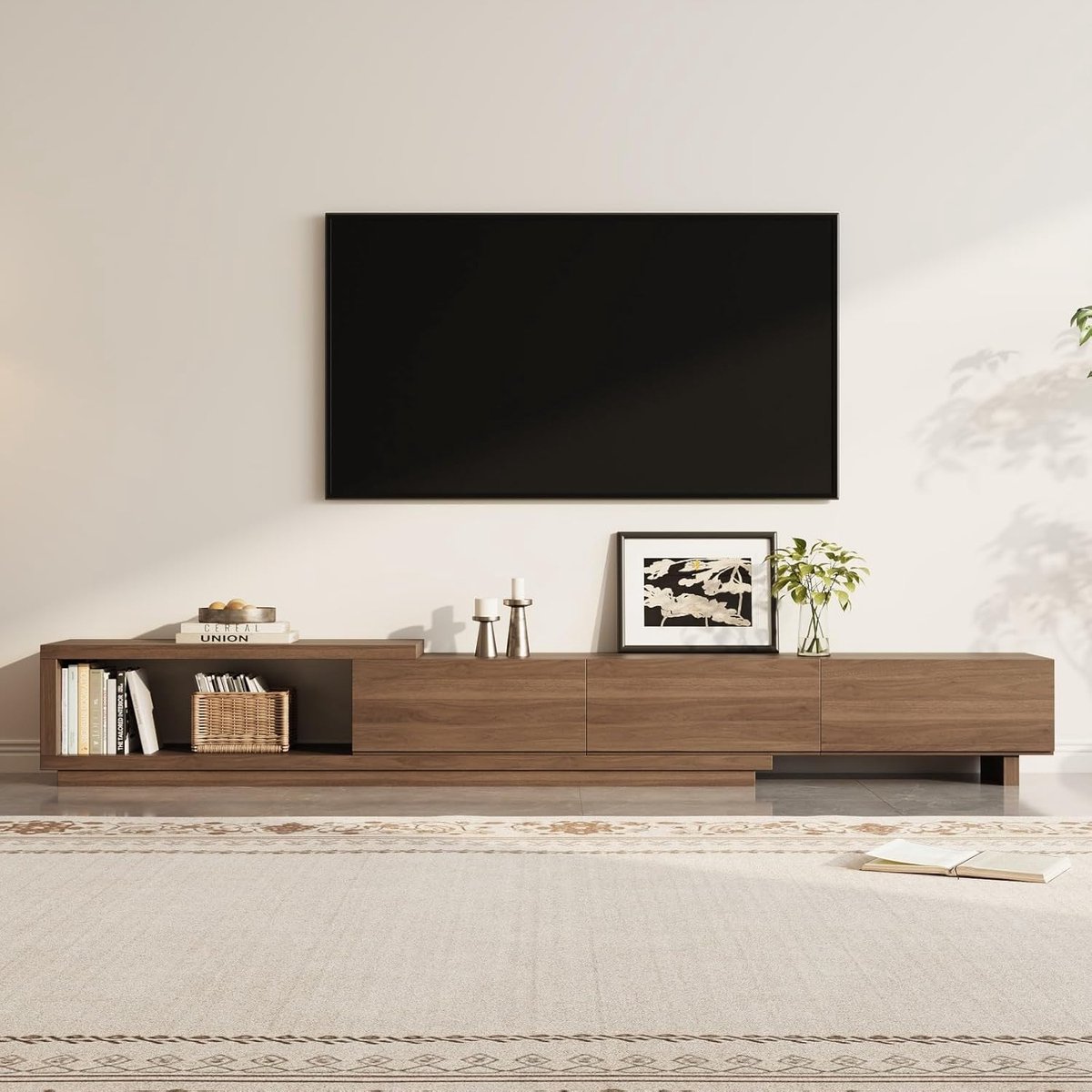 Uitbreidbare TV-kast 265 cm Modern Entertainmentcentrum met Opbergruimte – Uittrekbare TV-consoletafel voor Woonkamer, Zwart & Walnoot – Pauwhome