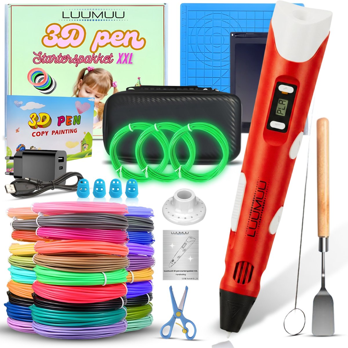 Luumuu® 3D Pen Starterspakket XXL- 3D Tekenen - Incl. 200m Filament Vullingen - Glow In The Dark - Tekenmat - Sjablonen Boek - Tekentablet - 3D Printing Pen Rood - Voor Kinderen - Complete Set