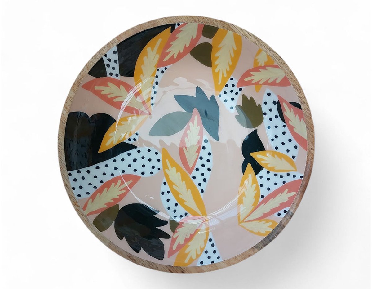 Floz Design houten schaal met patroon - fruitschaal - serveerschaal - in aardetinten - print als keramiek - 30 cm - handgemaakt en fairtrade