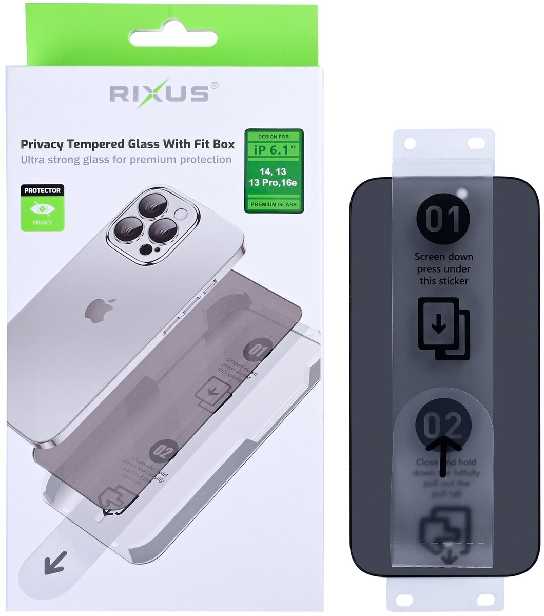 Rixus Privacy Tempered Glass With Fit Box For Apple iPhone 14 , 13, 13 Pro, 16e, 17e