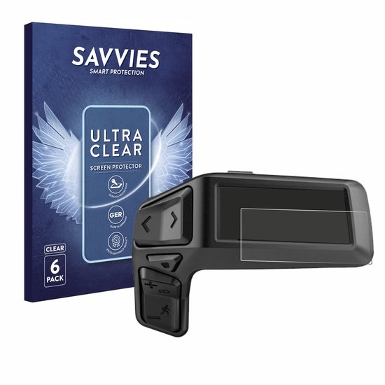 Doos Savvies "ULTRA CLEAR SCREEN PROTECTOR 6 PACK" naast een zwarte houder met een display met screenprotector.