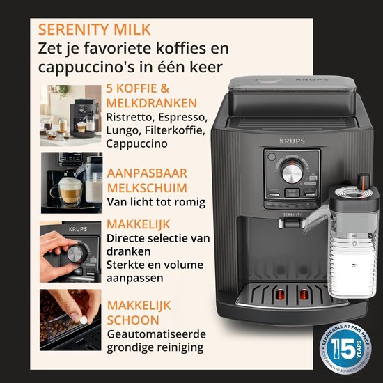 Krups Serenity Milk EA402H - Volautomatische Espressomachine - Milk Maestro Melksysteem - One Touch Cappuccino - Donkergrijs - Snel Opgewarmd - Compact