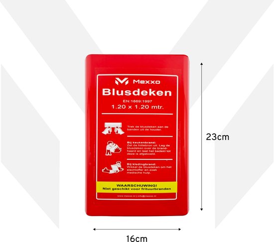 Rode Mexxo blusdeken in hardcase met specificaties. Afmetingen: 16cm breed, 23cm hoog.