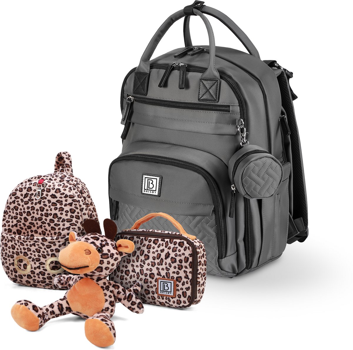 Brisby Premium Luiertas - Donkergrijs - Kinderrugzak - 1.5L kinderlunchtas Giraffe