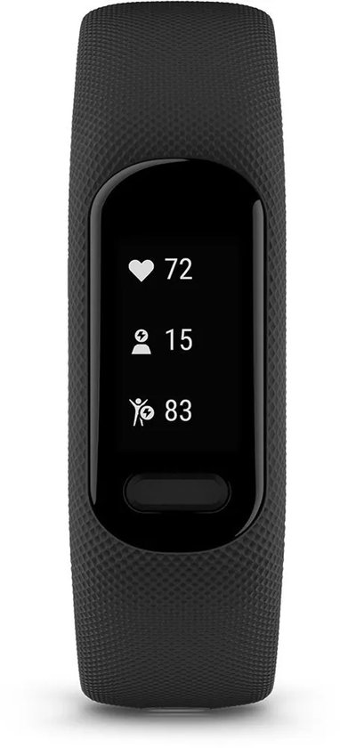 Zwarte Vívosmart 5 met display met hartslag, stappen en calorieën.