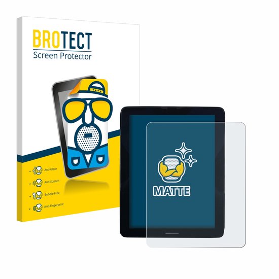 BROTECT matte screenprotector verpakking en een tablet met matte screenprotector en 'MATTE' logo.