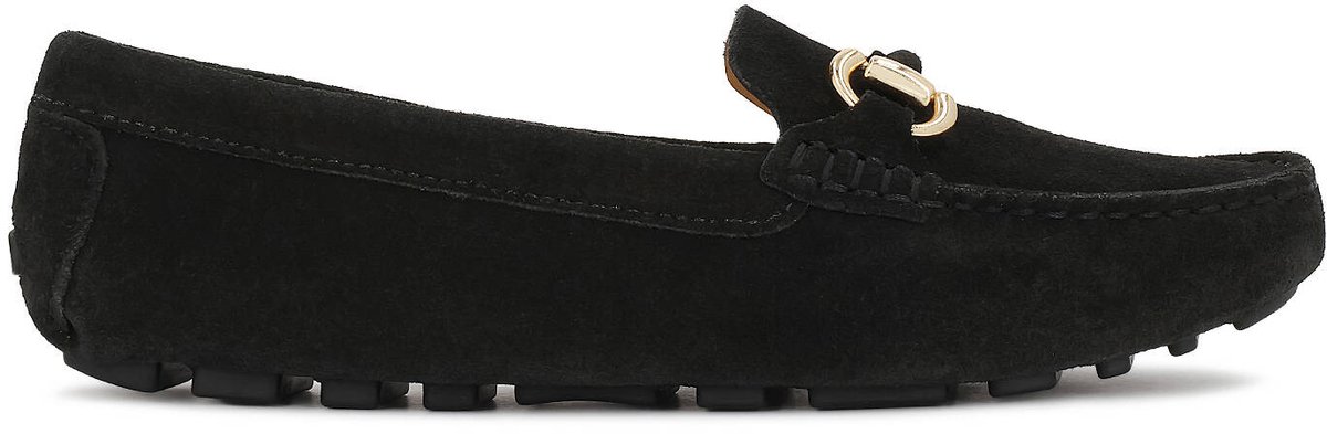 Black suede moccasins with clutch