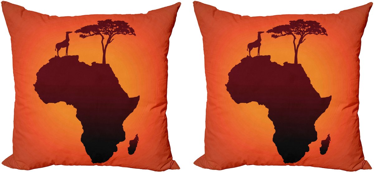 ABAKUHAUS Afrikaanse kussensloopset (2 stuks), safarikaart met continenten, 40 cm, oranje en bruin