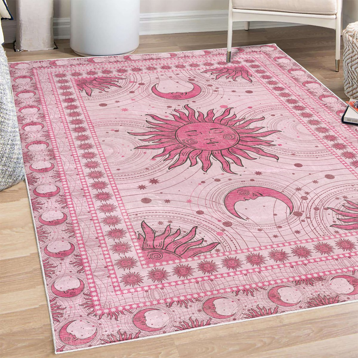 ABAKUHAUS Vloerkleed - Woonkamer Tapijt – zon en maan – Hoogpolig – 157 x 229 cm – magenta