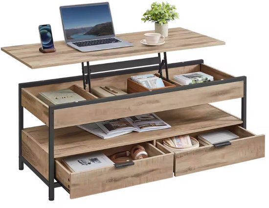 Salontafel met Lift-Top – Verstelbaar Tafelblad – Met Opbergruimte & Lades – Industrieel Hout & Metaal