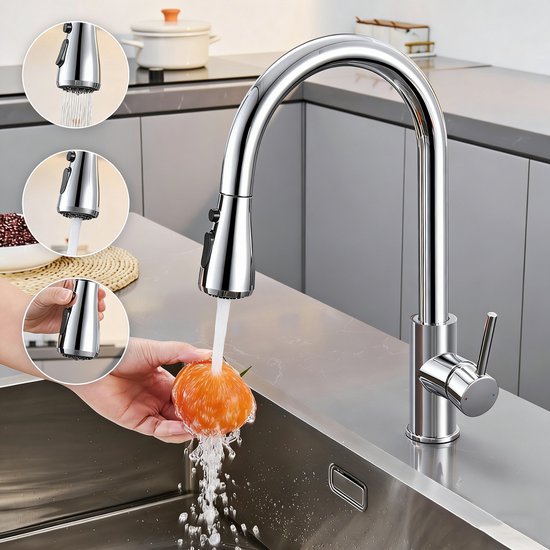 Verschillende waterstraalmodi van de keukenkraan: stream, spray en pauze, getoond terwijl groenten worden gewassen.