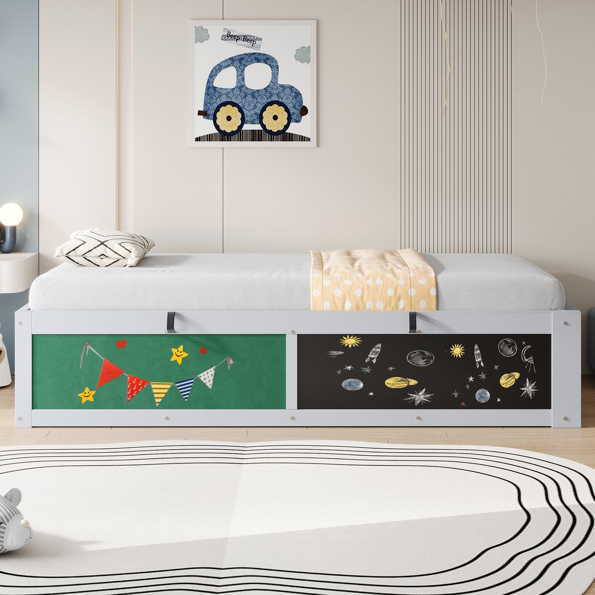 Wishdor Kinderbed 90x200 cm – Hydraulische Opbergruimte – Krijtbord en Vilten Bord – Hout – Grijs