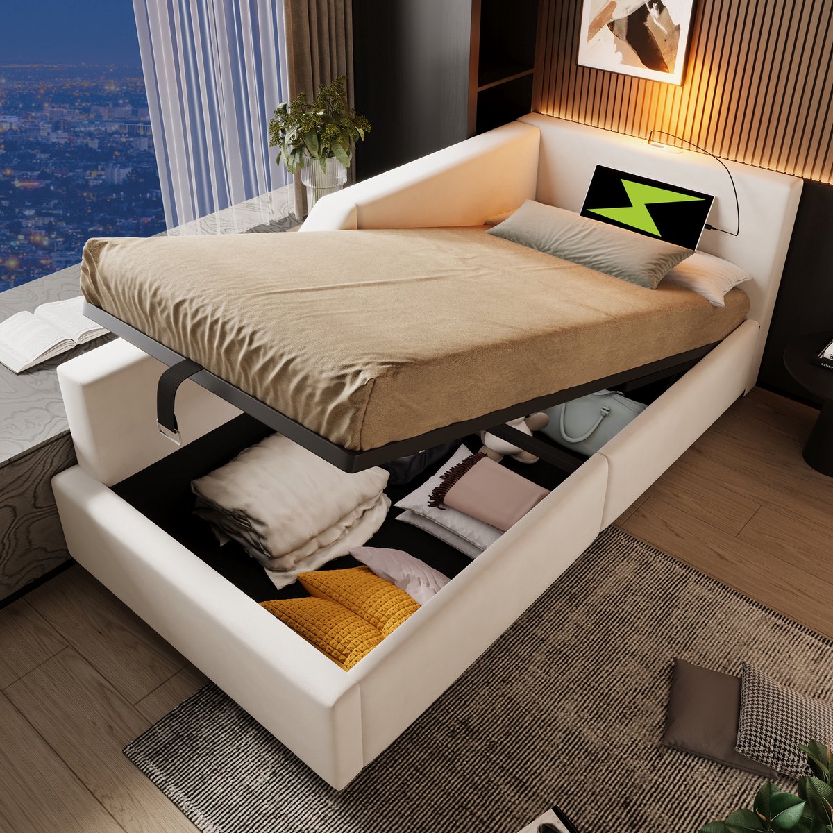 Wishdor Bedbank 90x200 cm - Hydraulische Opbergruimte - Leeslamp - USB-C - Fluweel - Beige
