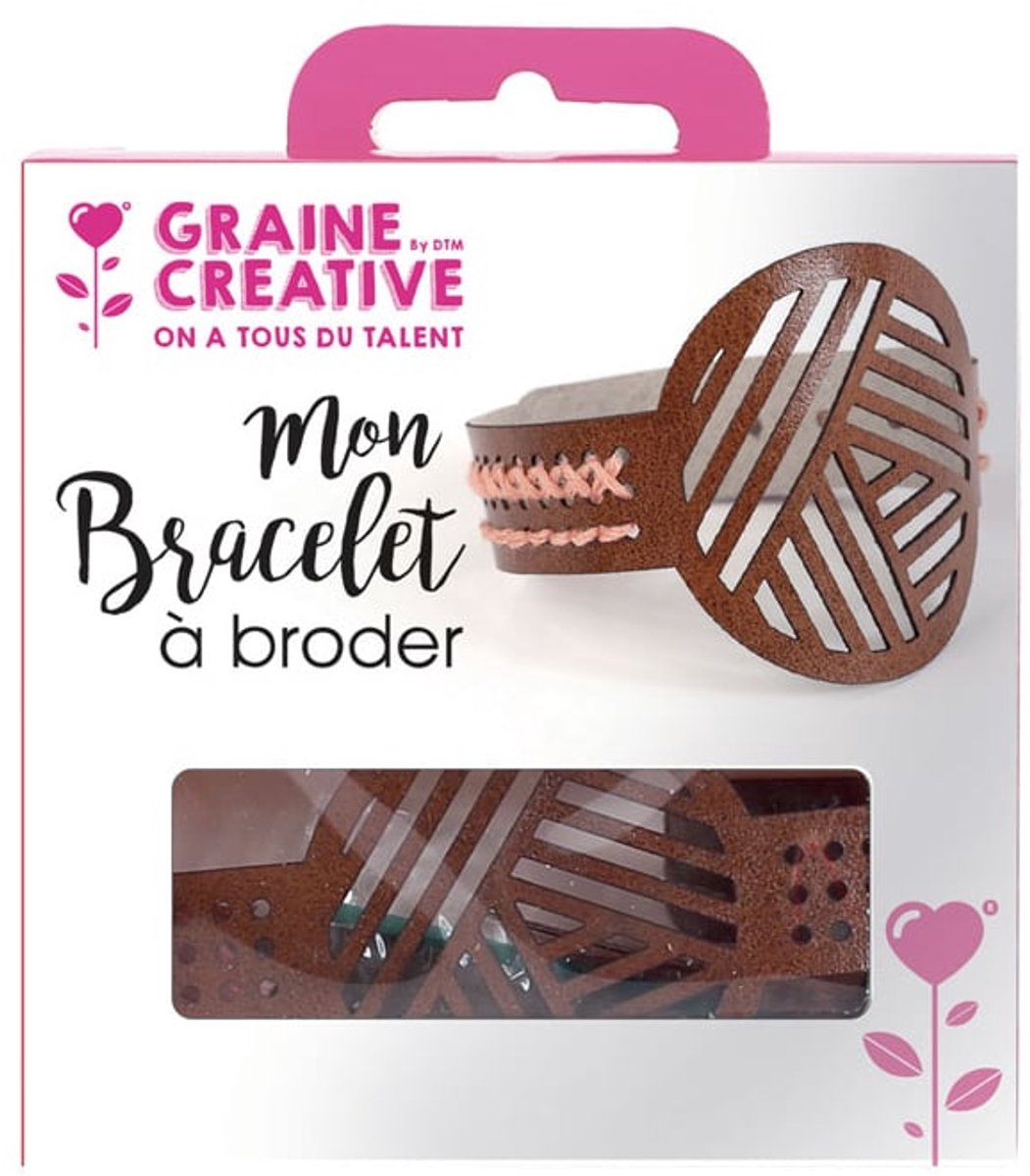 GRAINES CREATIVES - Borduurarmband-kit bruin leer met geometrische patronen en roze katoen
