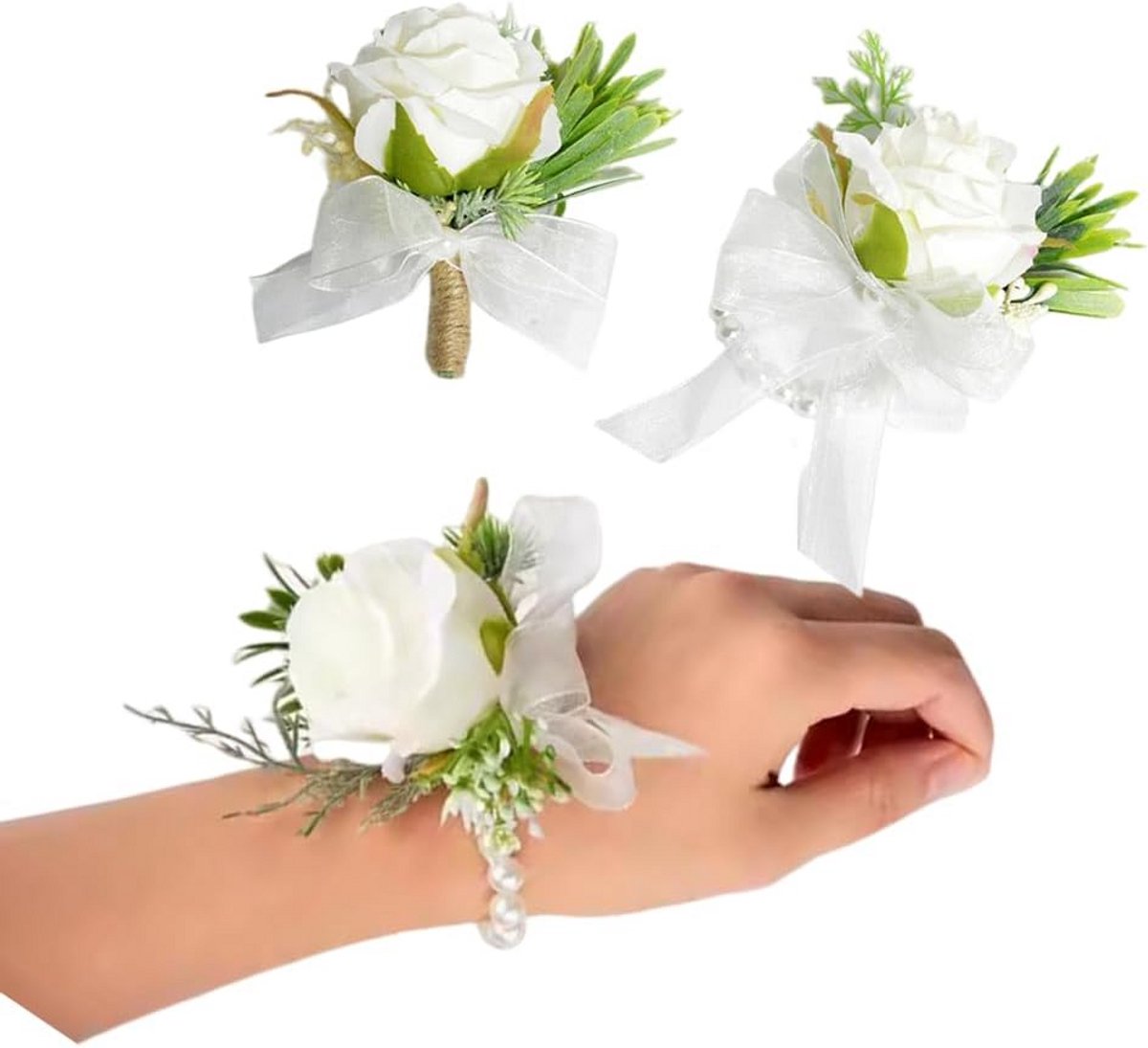 Witte Polscorsage en Boutonnière Set - Bruiloft en Feest Bloemdecoratie