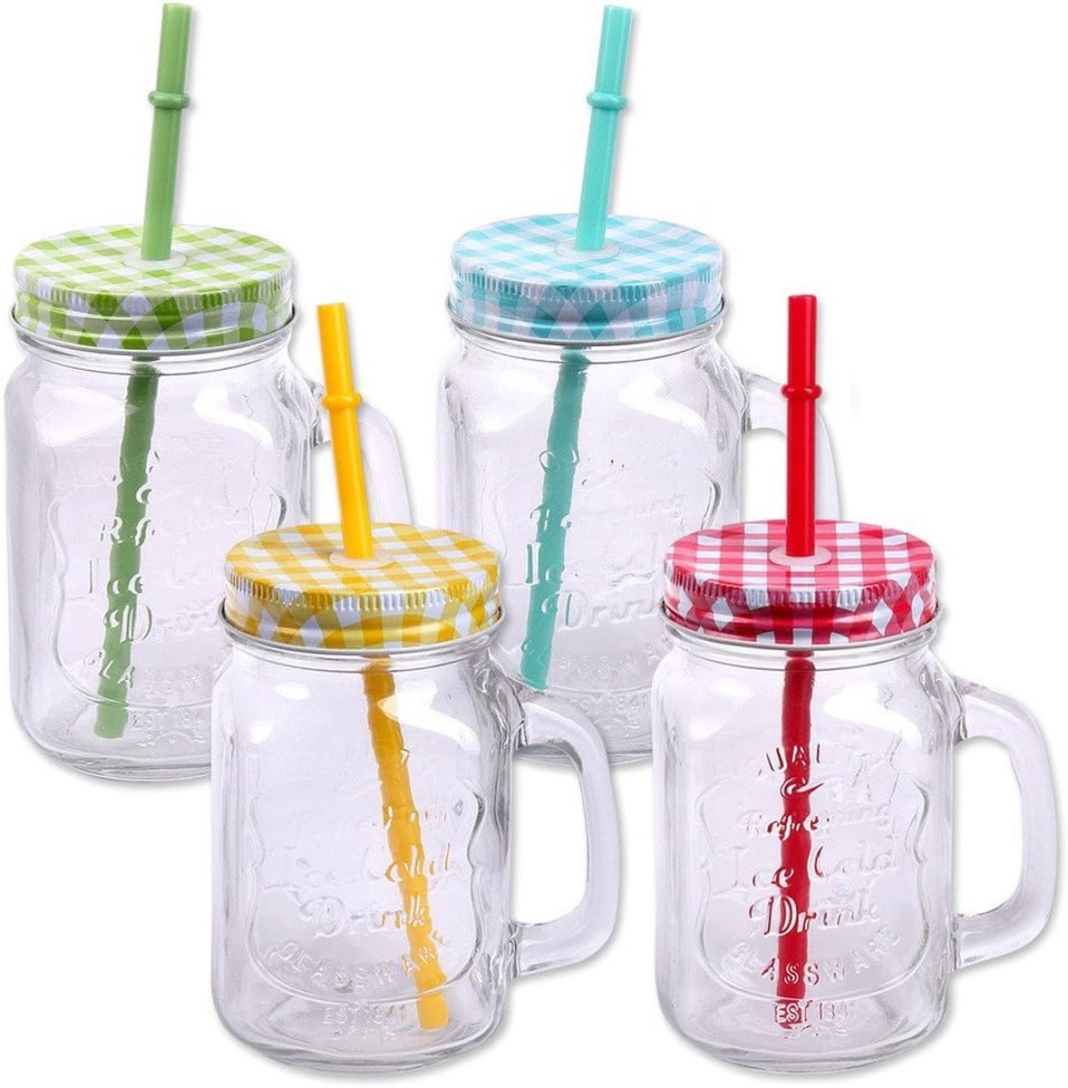 Set van 4 XL Drinkglazen met Deksel en Rietje - Robuust Glas met Handvat 500ml