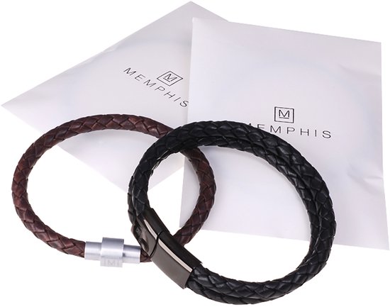 Bracelet Memphis double tour Duo Cuir Marron Noir Argent-22cm