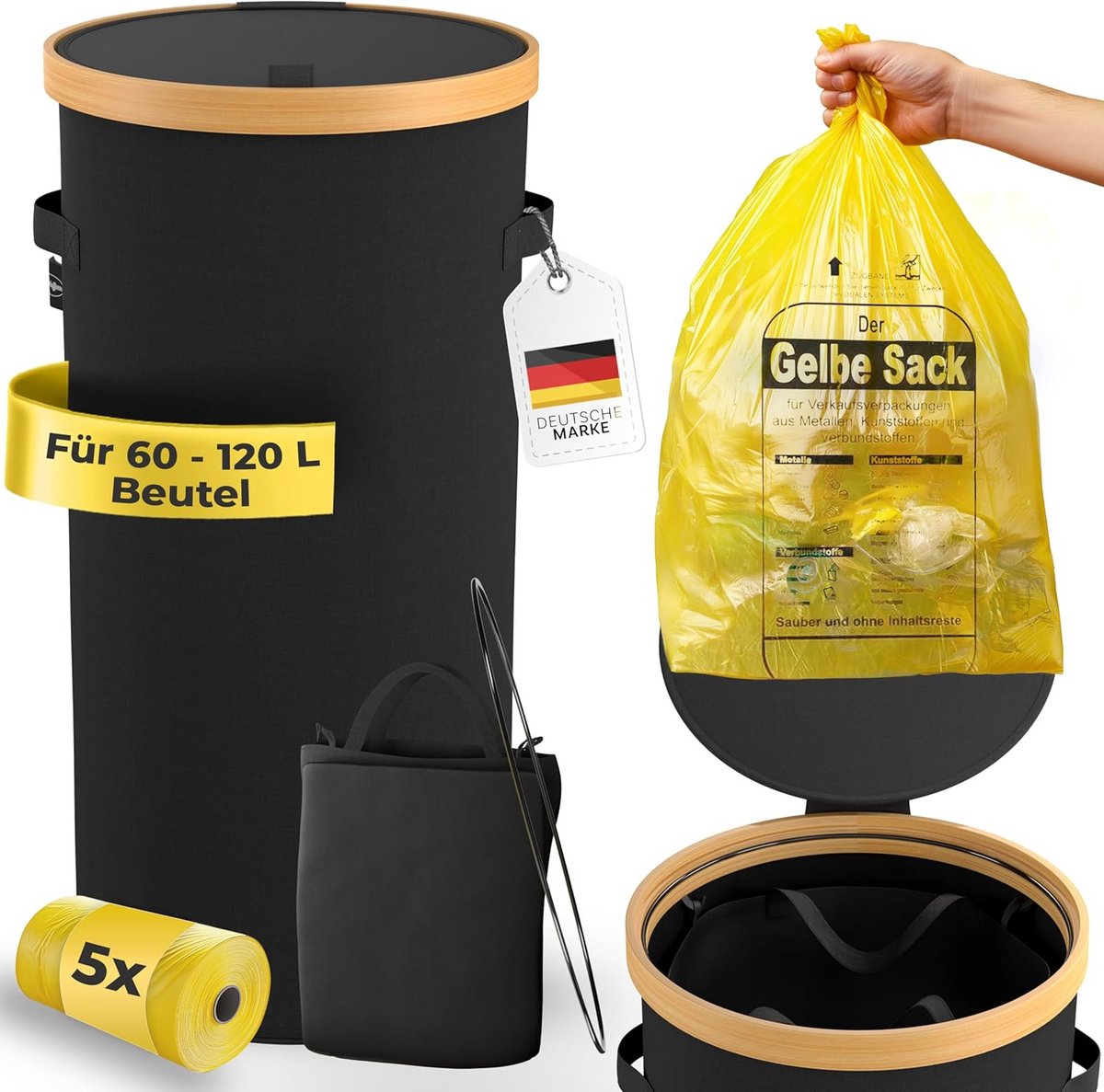 Gele Afvalzakhouder Rond met Deksel - 60L - Inclusief Draagtas en Gele Zakken