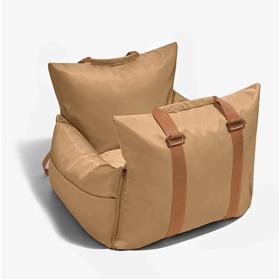 DreamPawz - Siège auto pour chiens - 55x55x30cm - Résistant à l'eau - Lit de voyage portable pour chiens - Siège auto pour chiens - Lavable - Incl. Poignée - Marron
