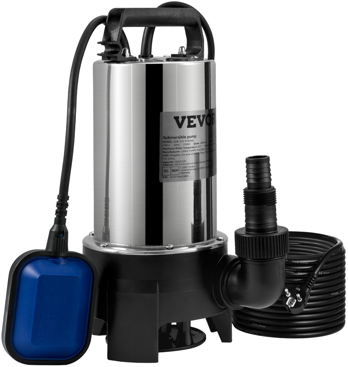 VEVOR Dompelpomp 1100w Vuilwaterpomp 230v Tuinpomp Debiet 333,3l/Min Vuilwater Pompen Ipx8 Uitlaat Kan Worden Afgesneden Om Water Uit Zwembaden