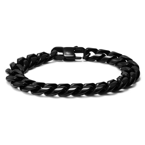 Zwarte stalen schakelarmband met een gesp.