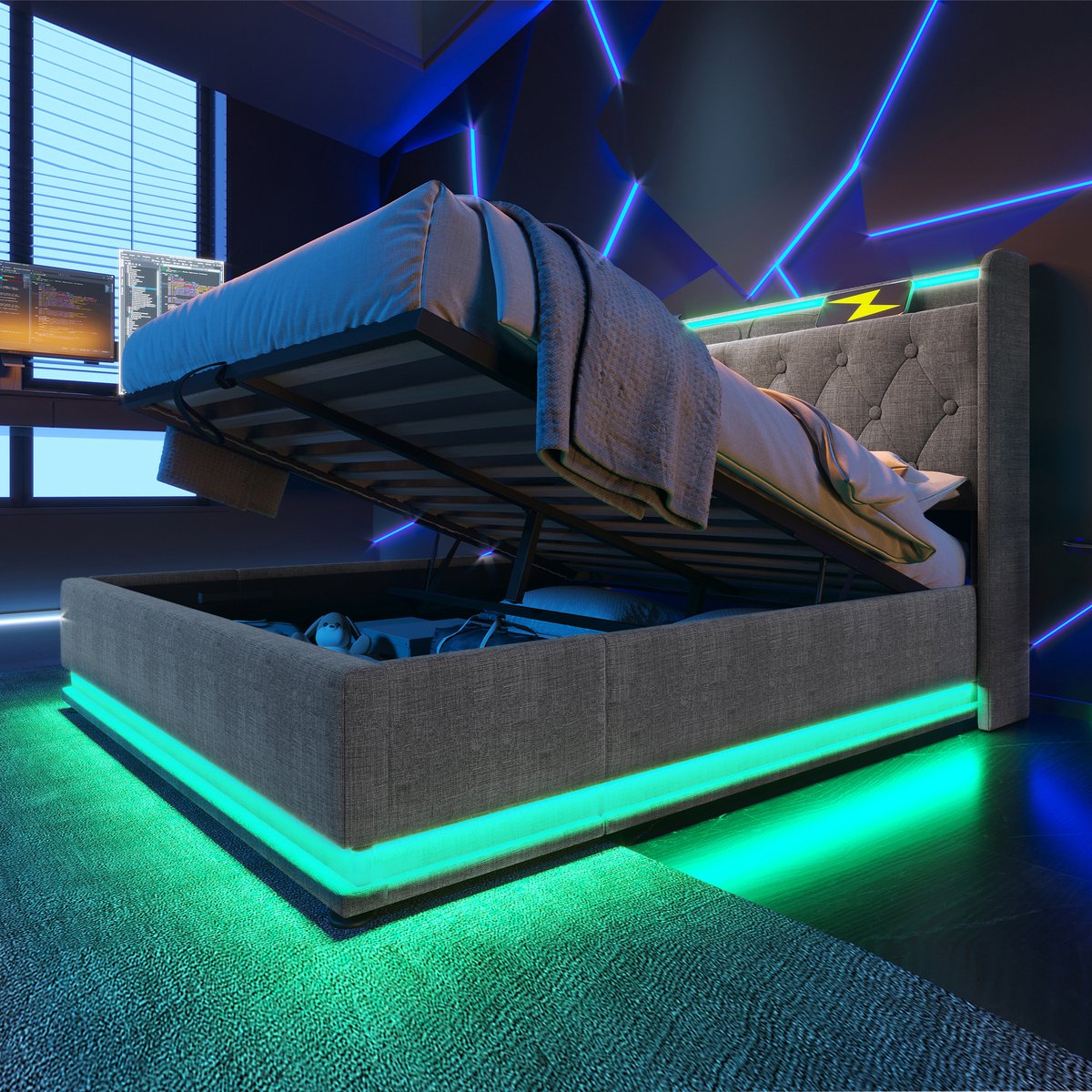 REDOM gestoffeerd opbergbed 140x200 cm – Linnen grijs – 360° LED, hydraulische opbergruimte, USB/Type-C – Incl. matras