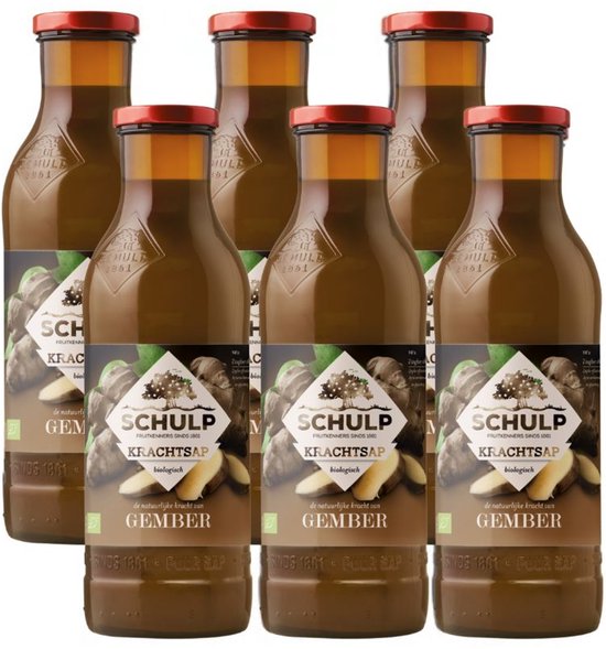 Zes glazen flessen Schulp Krachtsap met biologische gember. Bruine sap met oranje dop en etiket met gemberwortel.