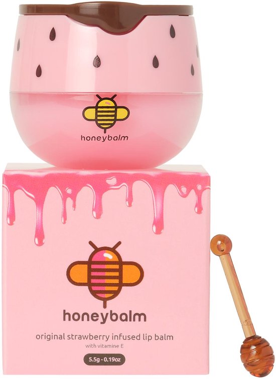 Roze potje met aardbeienprint, honingbij logo en de tekst 'honeybalm' en 'original strawberry infused lip balm'.