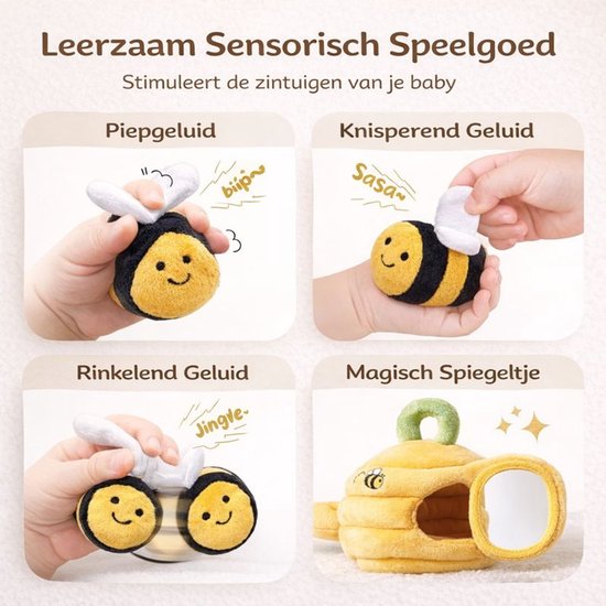 Baby speelgoed 6 maanden tot 12 maanden - Sensorisch pluche Bijenkorf speelgoed voor baby 1 jaar 2 jaar - Rammelaar, knisperpapier, spiegel - Montessori speelgoed voor peuters van 0-2 jaar van Joymaxx — afbeelding 2