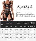 Maattabel voor een zwarte erotische body met korset-stijl bandjes en jarretels.