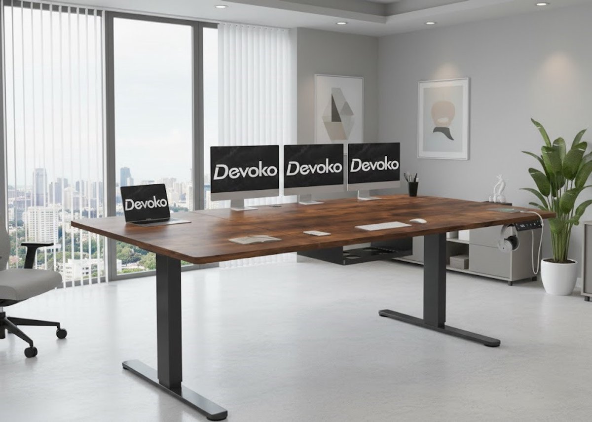 Elektrisch In Hoogte Verstelbaar Bureau 200 x 100 cm met Type-C Oplaadpoort – Ergonomisch Bureau met Kabelmanagement, Vintage Bruin – Stabiel en Duurzaam A-Furniture