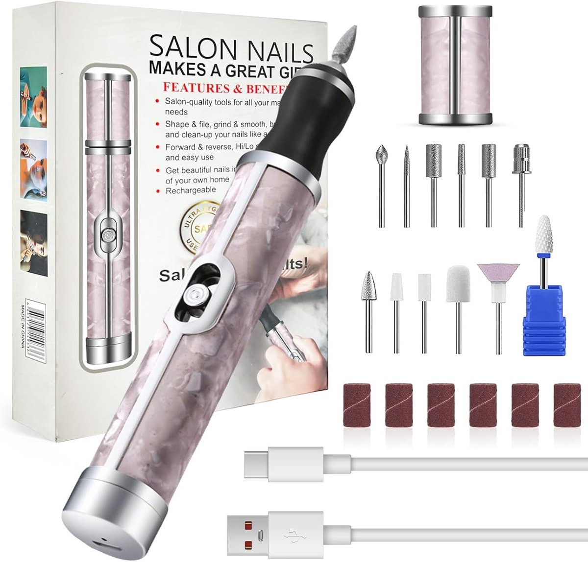 Elektrische Nagelfrees Set met 12 Opzetstukken voor Manicure en Pedicure