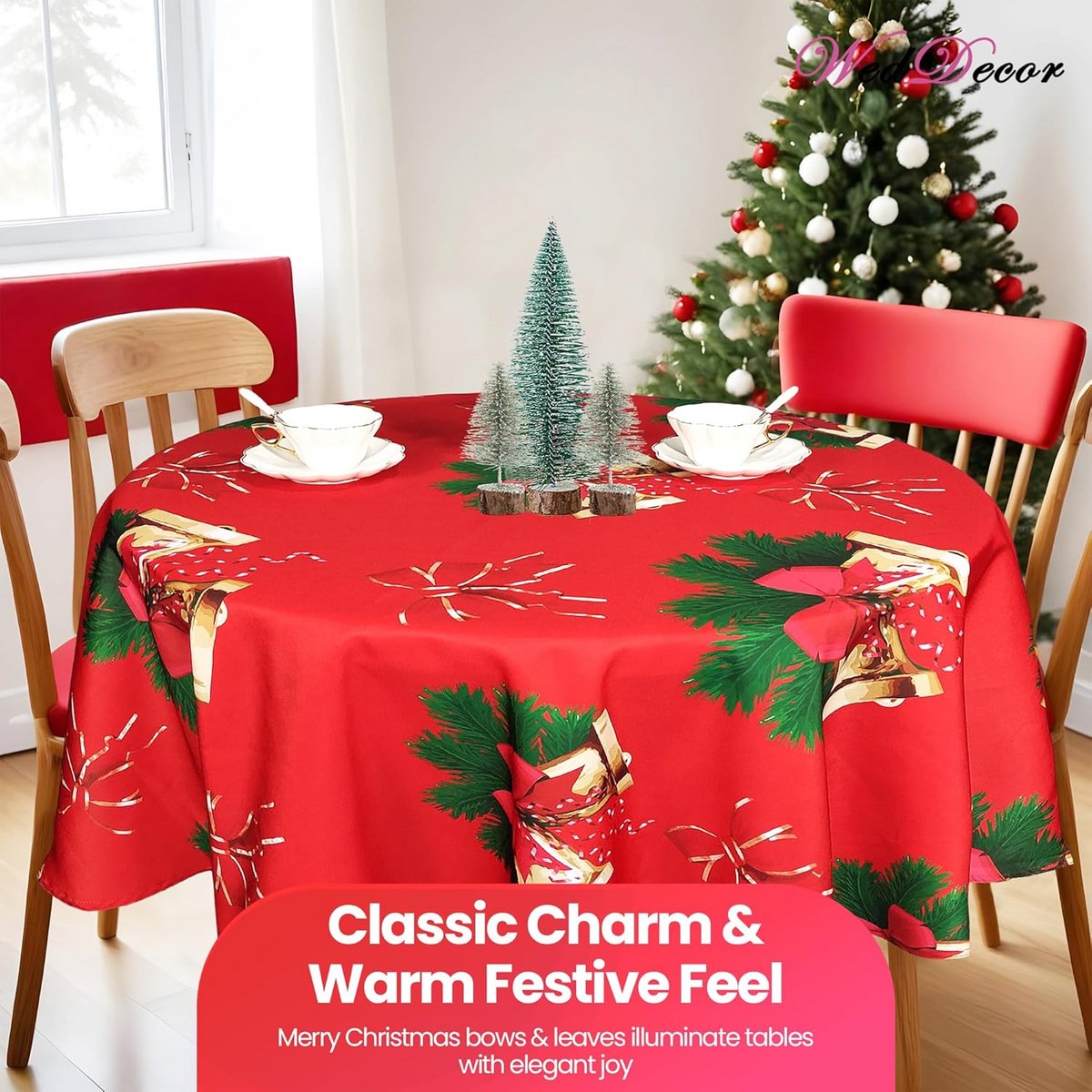 Rond Kersttafelkleed met Strik en Bel Print - Waterbestendig Polyester