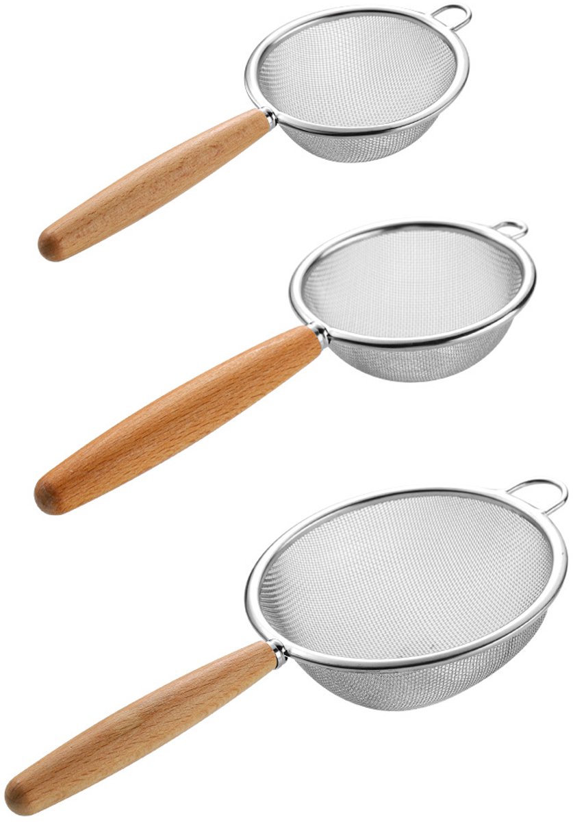 3 stuks fijne keukenfilters van roestvrij staal, oliefilter/schuimspaan met houten handvat, duurzame meelzeef/filter voor bakken