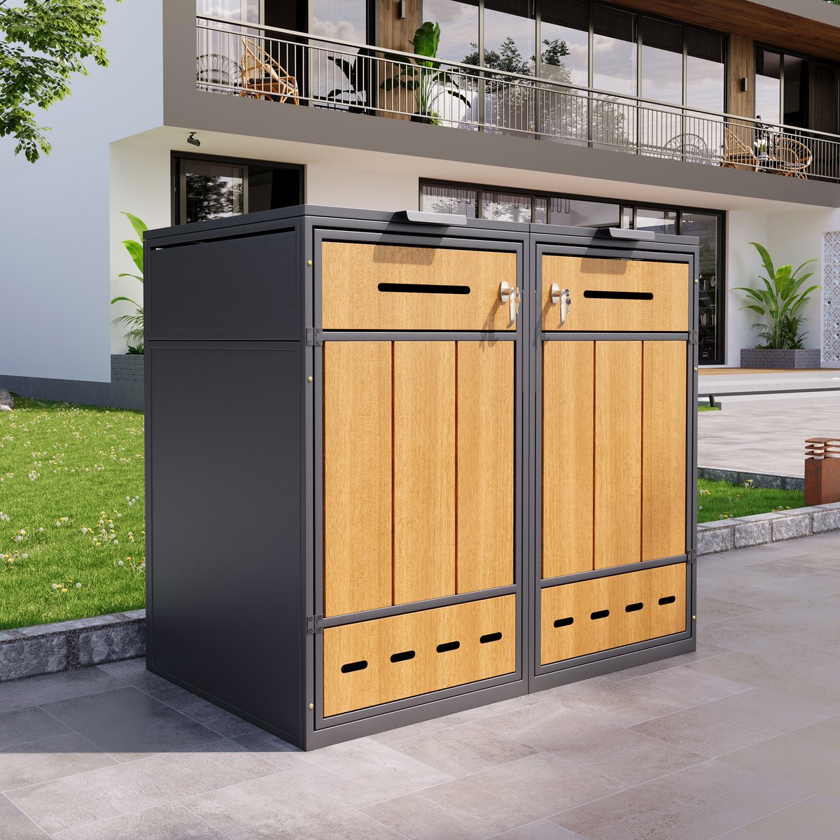 OKWISH Afvalcontainer Ombouw Voor 2 Containers 120 Tot 240 L - Ventilatiegaten, Klapdeksel En Voordeur - Staal - Grijs Hout