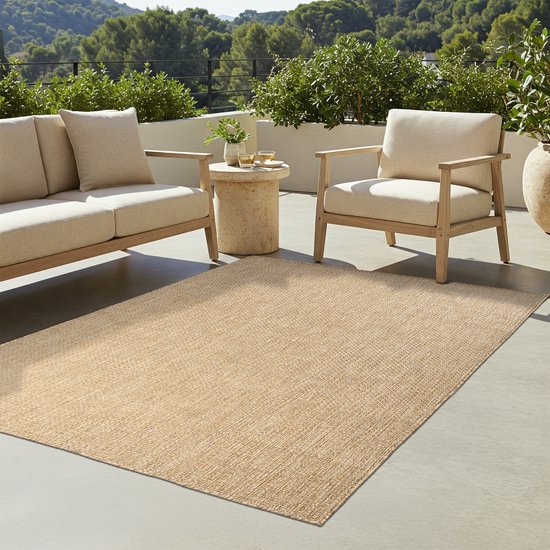 TAPISO Yucana Buitentapijt - Flatweave Vloerkleed Buiten & Binnen - Modern Gemêleerd Design - Beige Creme Buitenkleed - Weerbestendig & UV-bestendig 140x200