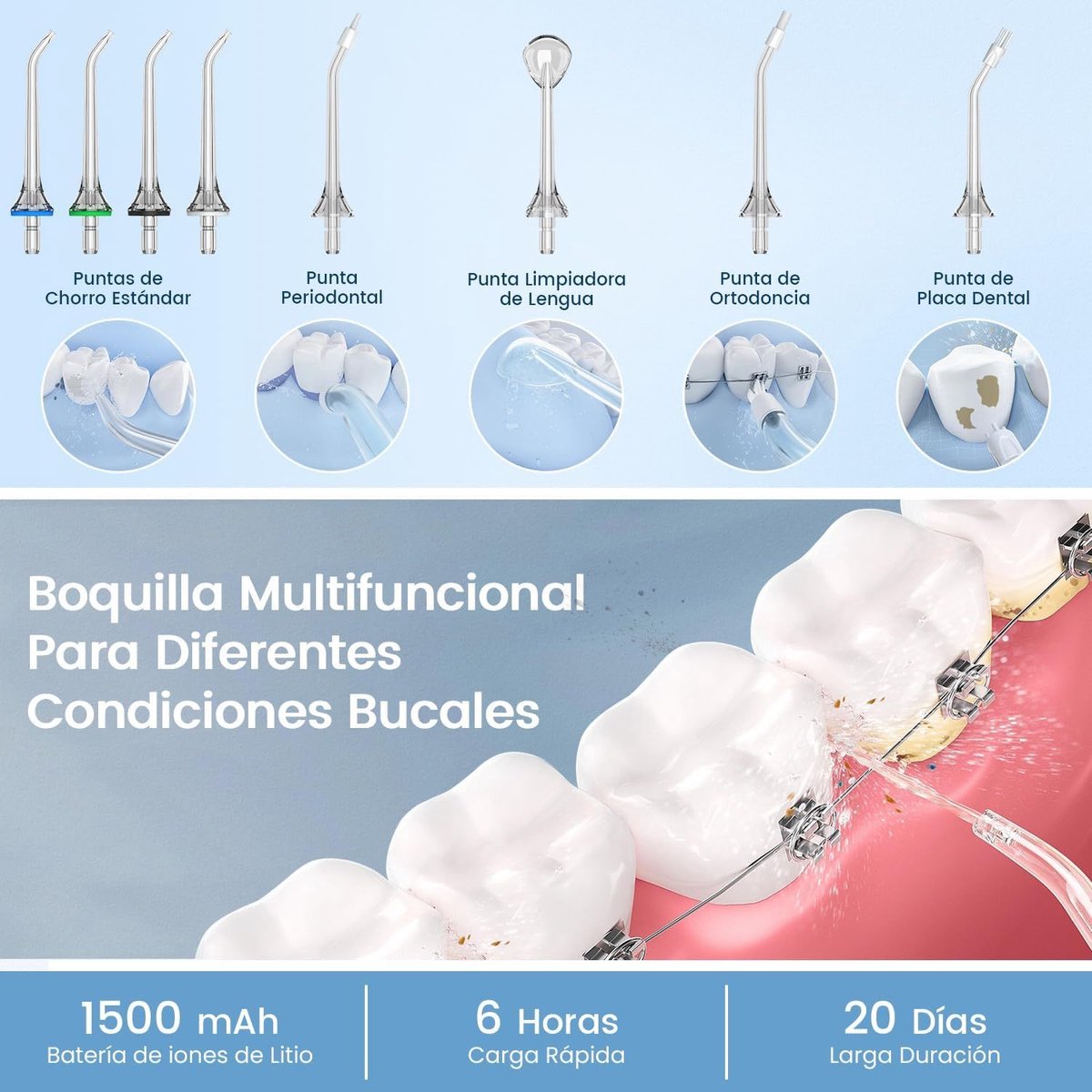 Waterflosser-Monddouche-Draagbare Mondirrigator-Tandirrigator met 8 Nozzles en 5 Standen-Waterdicht 300ML USB-C Oplaadbaar -ZWART. thumbnail 4