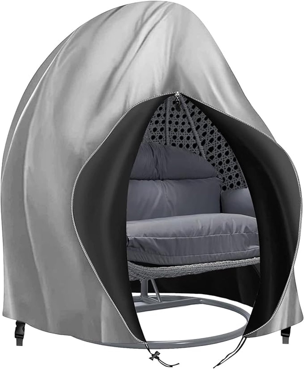Famanu Hoes voor dubbele eierstoel - terrashoes voor hangende eierstoel - dubbele 420D waterdichte hoes voor schommelstoel - veranda terras - cocon - eierstoel - tuinmeubelhoes met trekkoord (grijs)