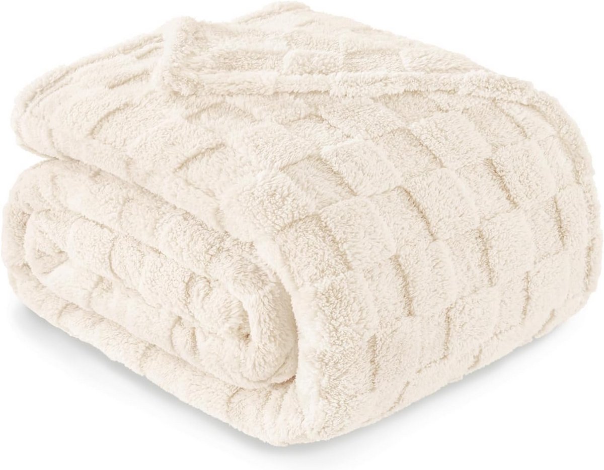 Super Zachte Flanellen Fleece Deken Lichtgewicht Geruit Plaid voor Bank en Bed 152 x 203 cm Ivoor