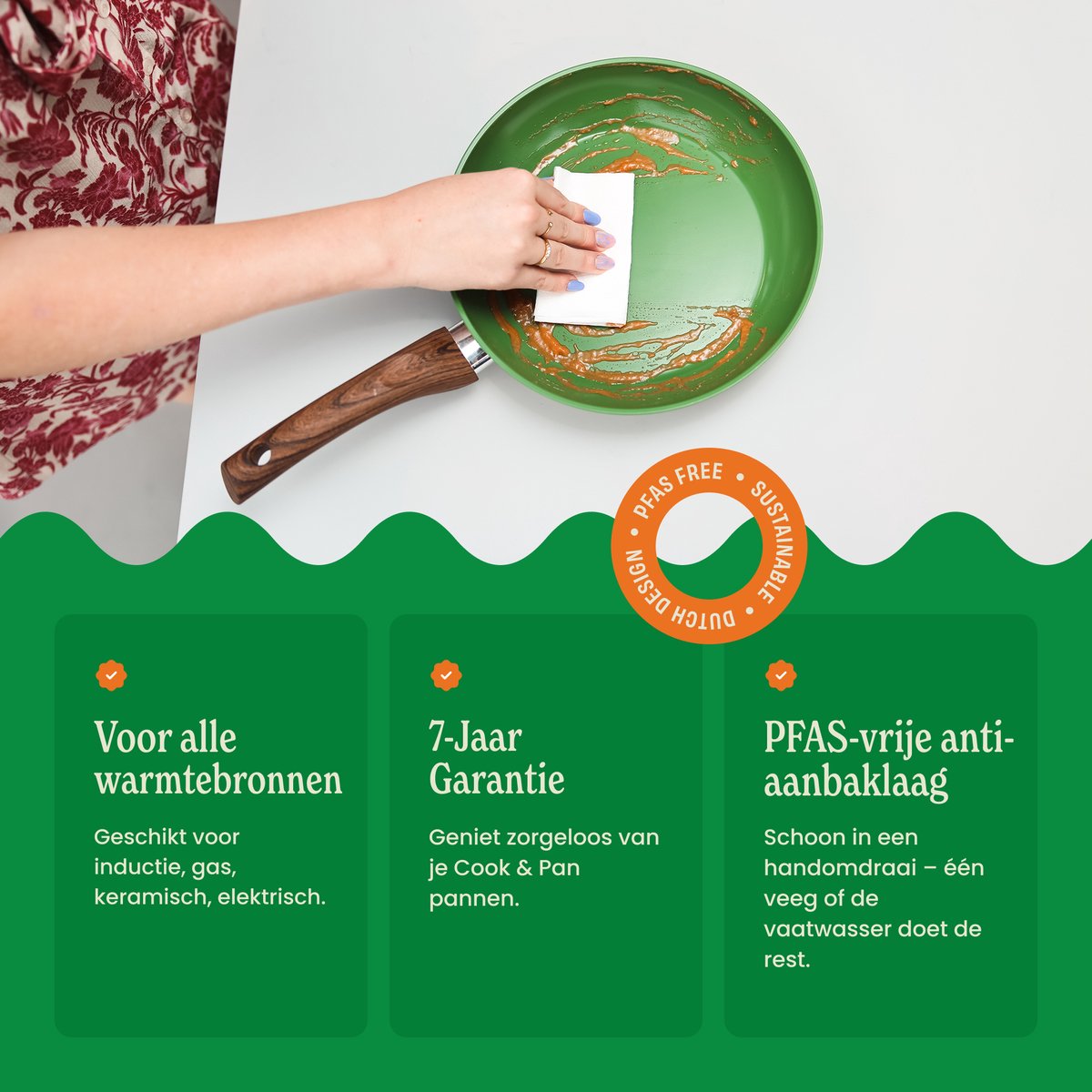 Cook & Pan 7-Delige Pannenset Groen - PFAS vrij - Alle Warmtebronnen - Pannen Set met 7 jaar Garantie - Krasbestendige Anti Aanbaklaag - Vaatwasserbestendig - Gas, Inductie, Elektrisch, Oven - Koekenpan, Wokpan, Steelpan, Hapjespan, Kookpot – foto 3