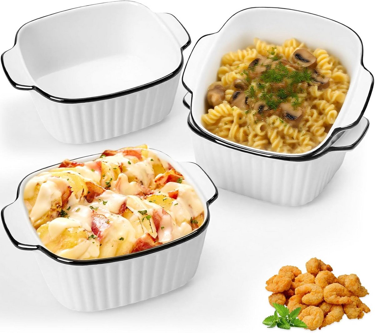 Set van 4 Kleine Keramische Ovenschaaltjes met Handvatten, Stapelbaar
