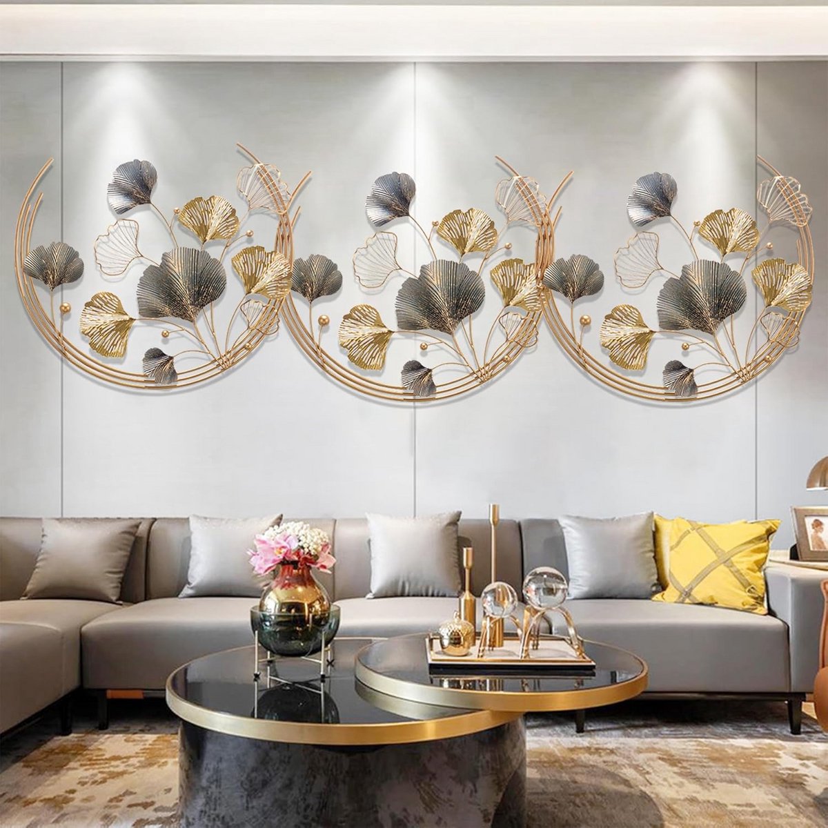 Luxe Metalen Wanddecoratie Ginkgo Blad Goudkleurig 150x50 cm Woonkamer Kunst