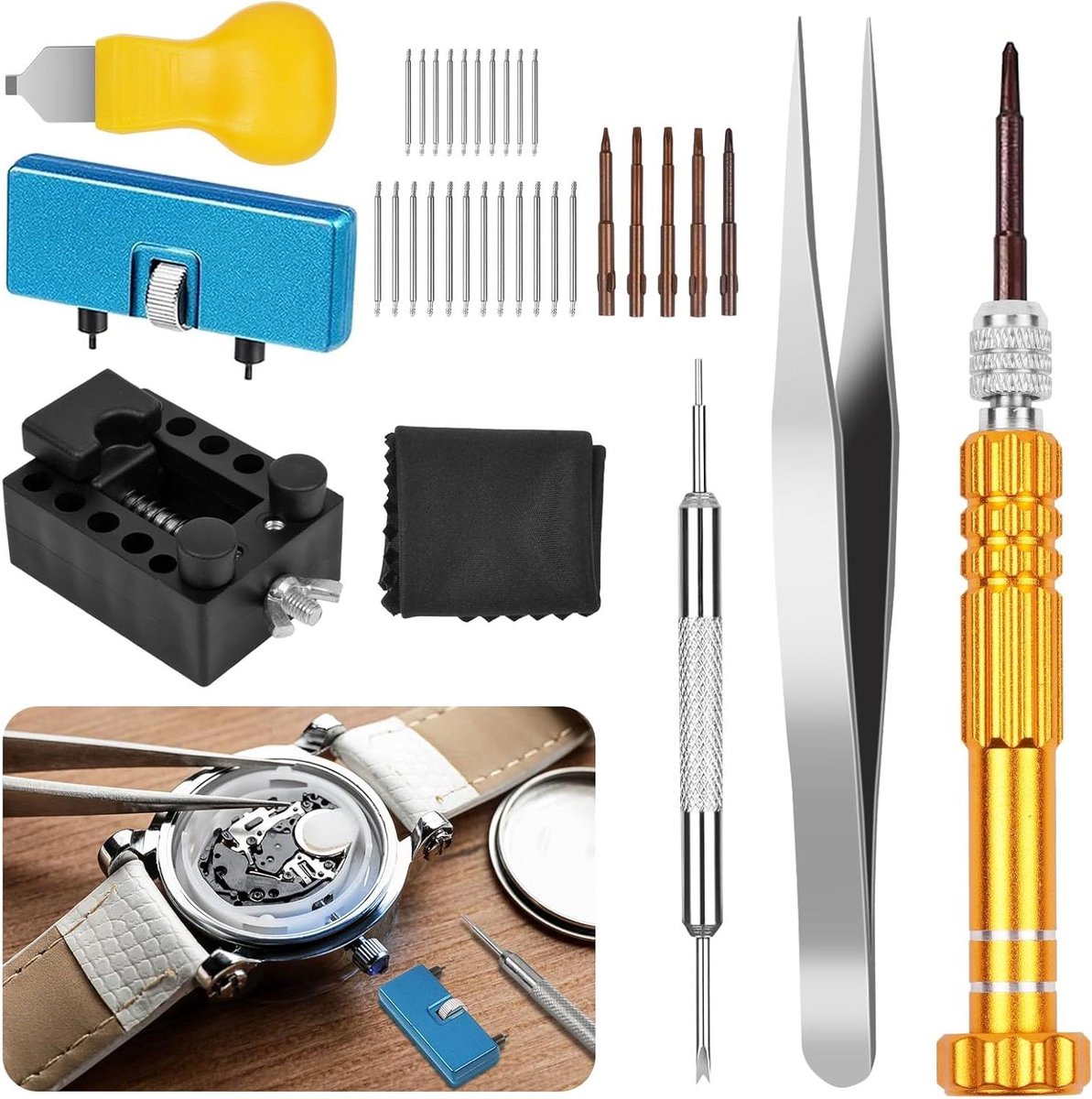 Horlogegereedschapset met veerstang, horloge reparatieset, professionele horlogemaker tools.