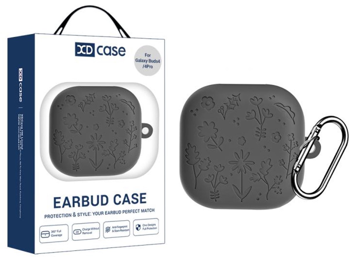 XDcase - hoesje geschikt voor Samsung Galaxy Buds4 / 4 pro soft case cover - grijs natuur bloemen - TPU hoesje Beschermhoes - Samsung Galaxy Buds 4 / 4 Pro Cover - Buds4 hoesje - gel hoesje met sleutelhanger
